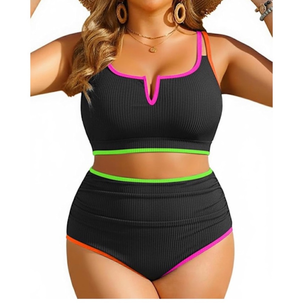 Plus Size Black Ribbed High-Waist Bikini with Neon Trim